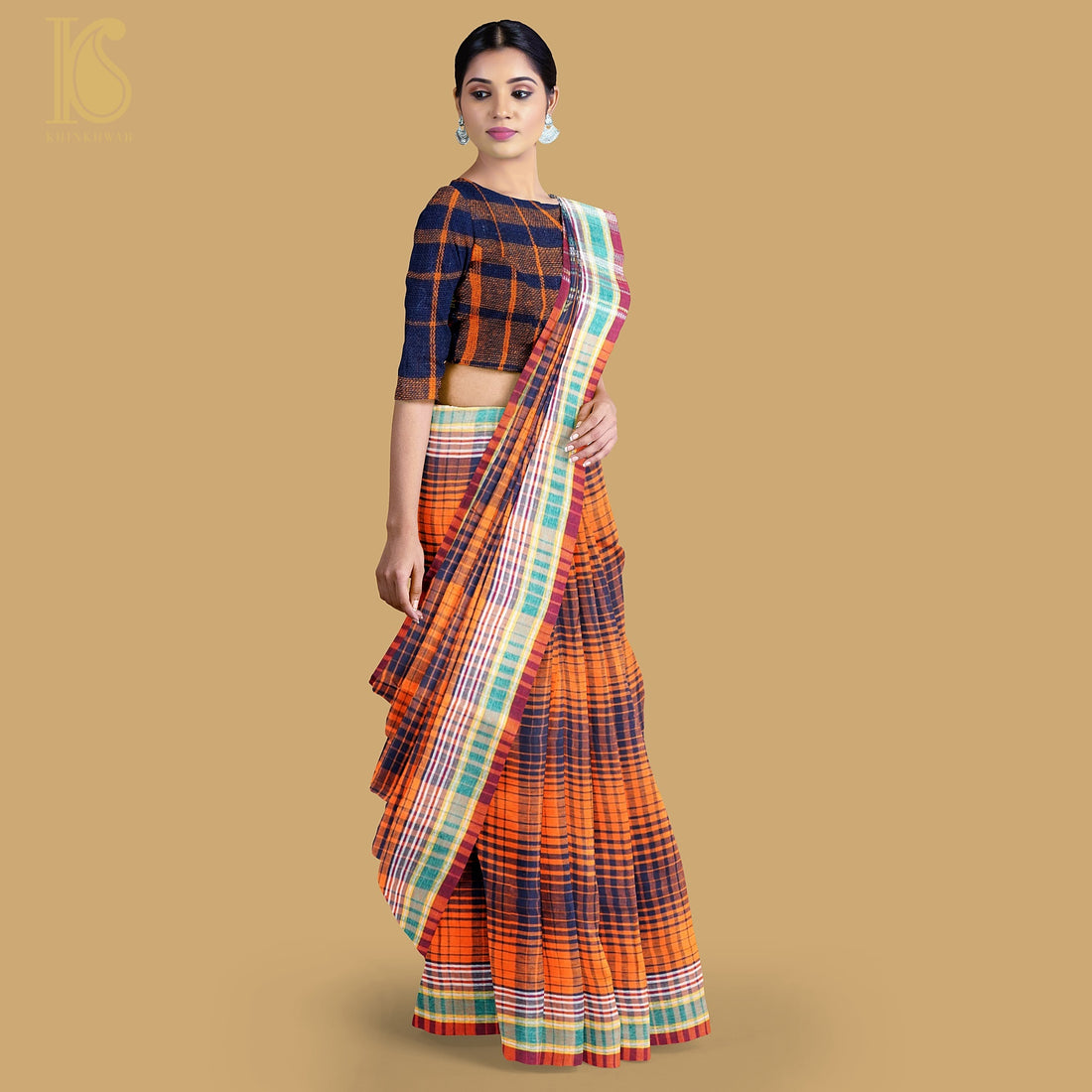 Flamingo Orange Pure Kala Cotton Handwoven Bhujodi Checks Saree - Khinkhwab