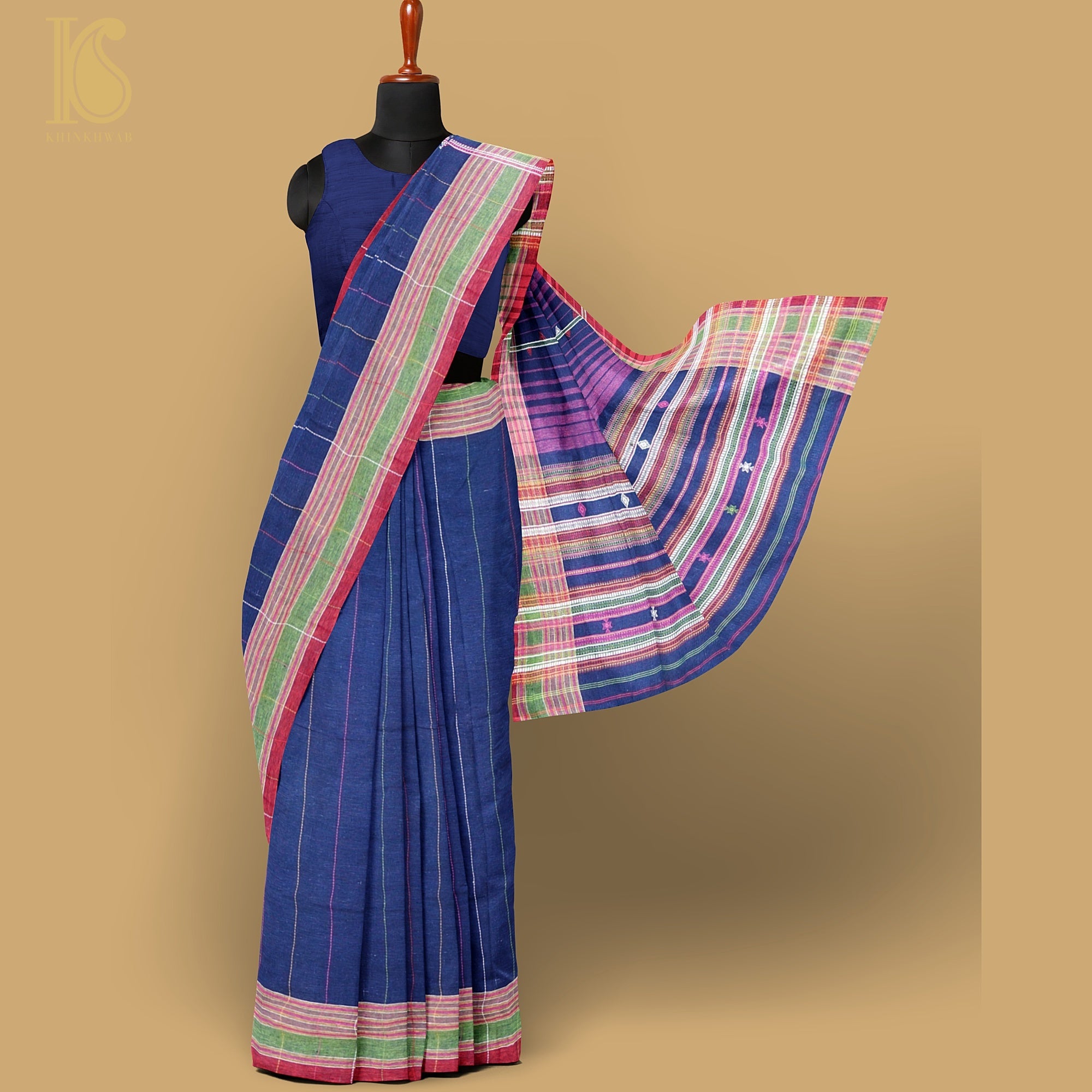 Lucky Point Blue Pure Kala Cotton Handwoven Bhujodi Saree - Khinkhwab