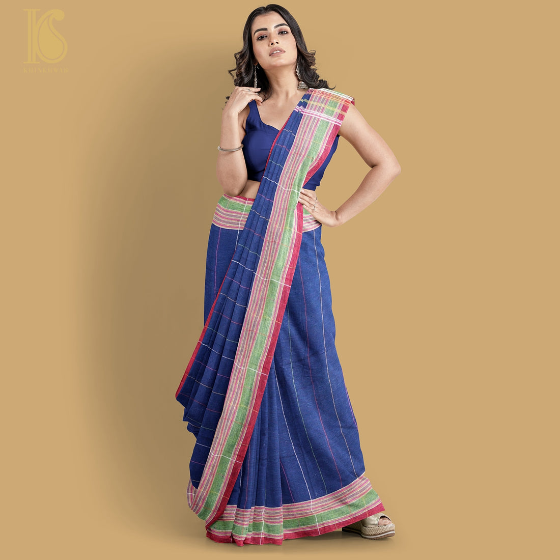 Lucky Point Blue Pure Kala Cotton Handwoven Bhujodi Saree - Khinkhwab