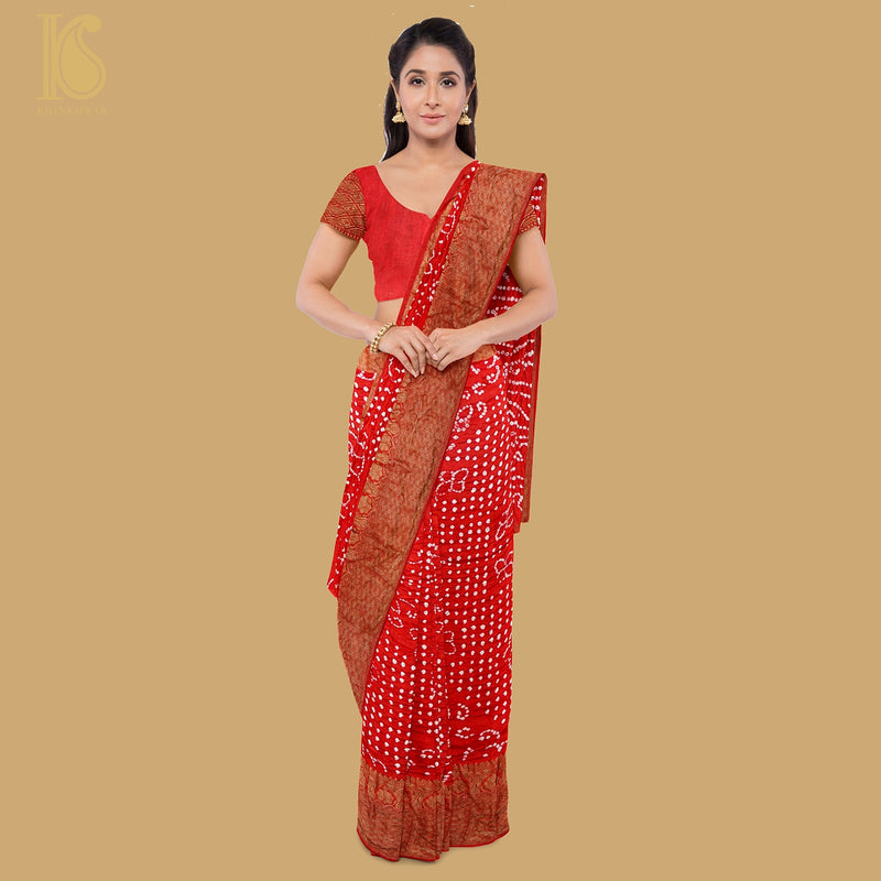 Red Pure Linen Bandhani Handloom Banarasi Saree - Khinkhwab