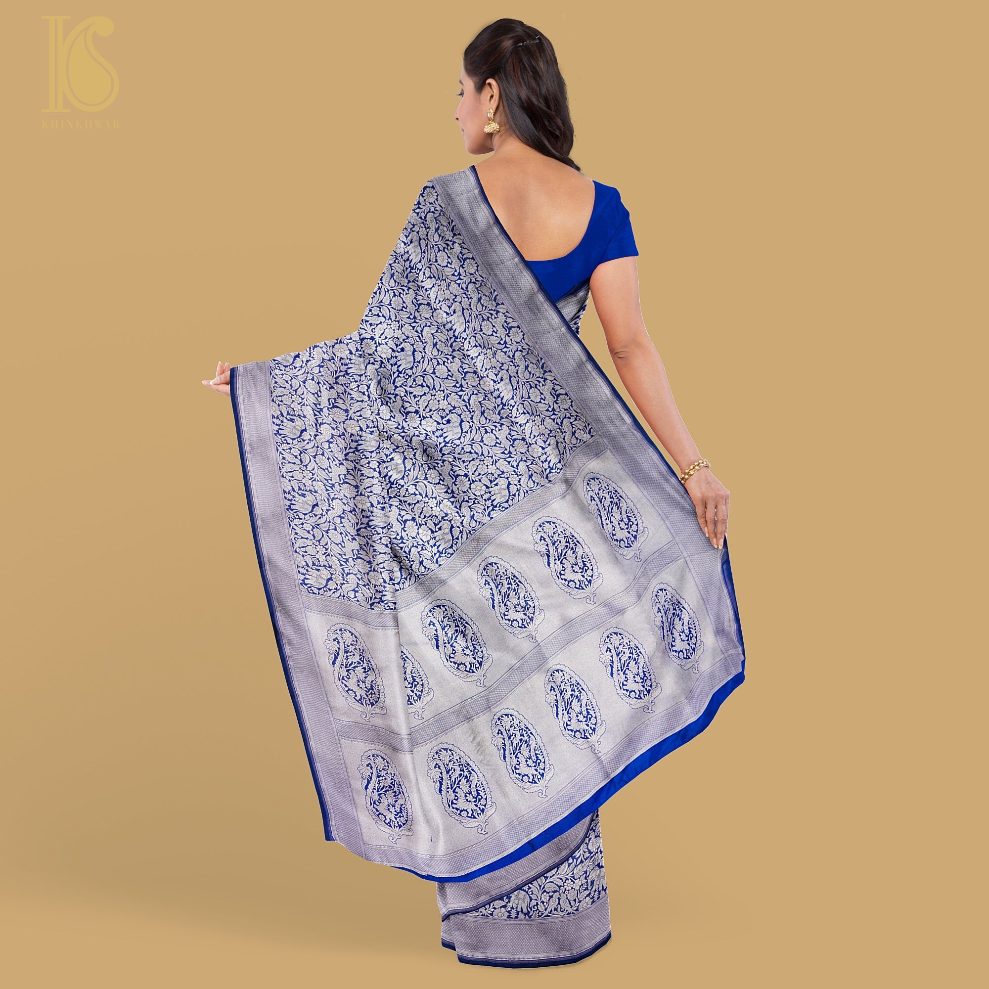 Sapphire Blue Handloom Katan Silk Banarasi Shikargah Saree - Khinkhwab