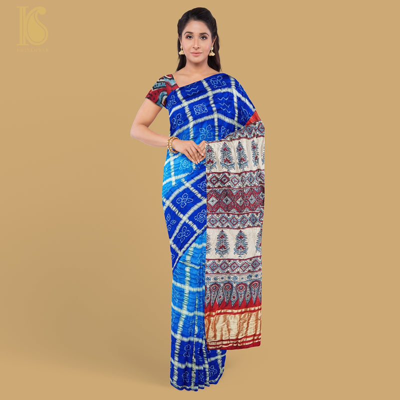 Smalt Blue Gajji Silk Gharchola Handwoven Bandhani & Ajrakh Saree - Khinkhwab