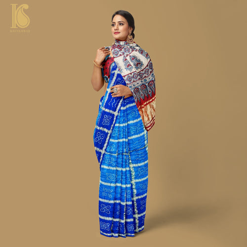 Smalt Blue Gajji Silk Gharchola Handwoven Bandhani & Ajrakh Saree - Khinkhwab