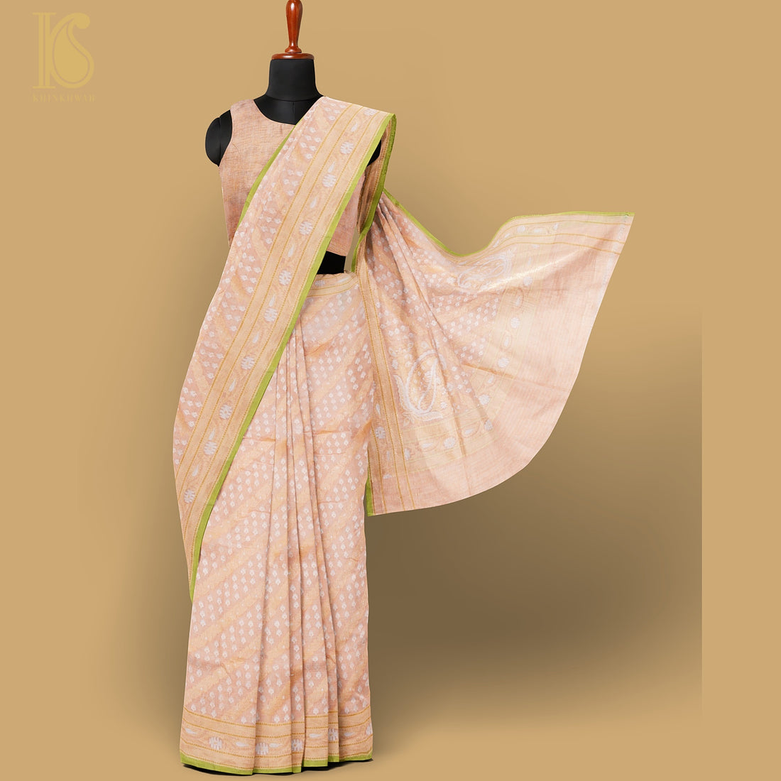 Beige Pure Cotton Handloom Banarasi Jamdani Ektara Saree - Khinkhwab