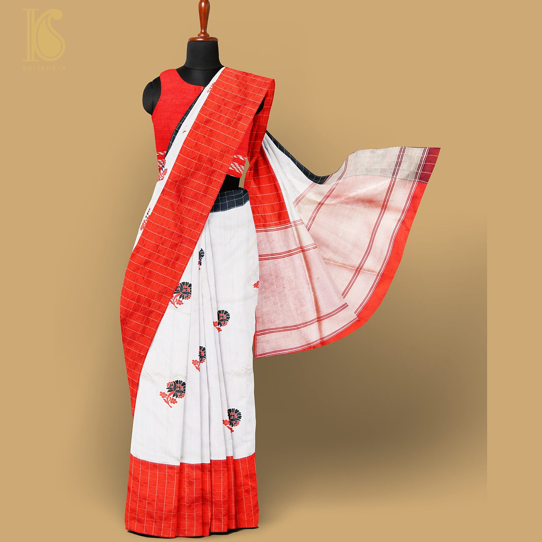 White &amp; Red Pure Katan Silk Handloom Kadwa Banarasi Saree - Khinkhwab