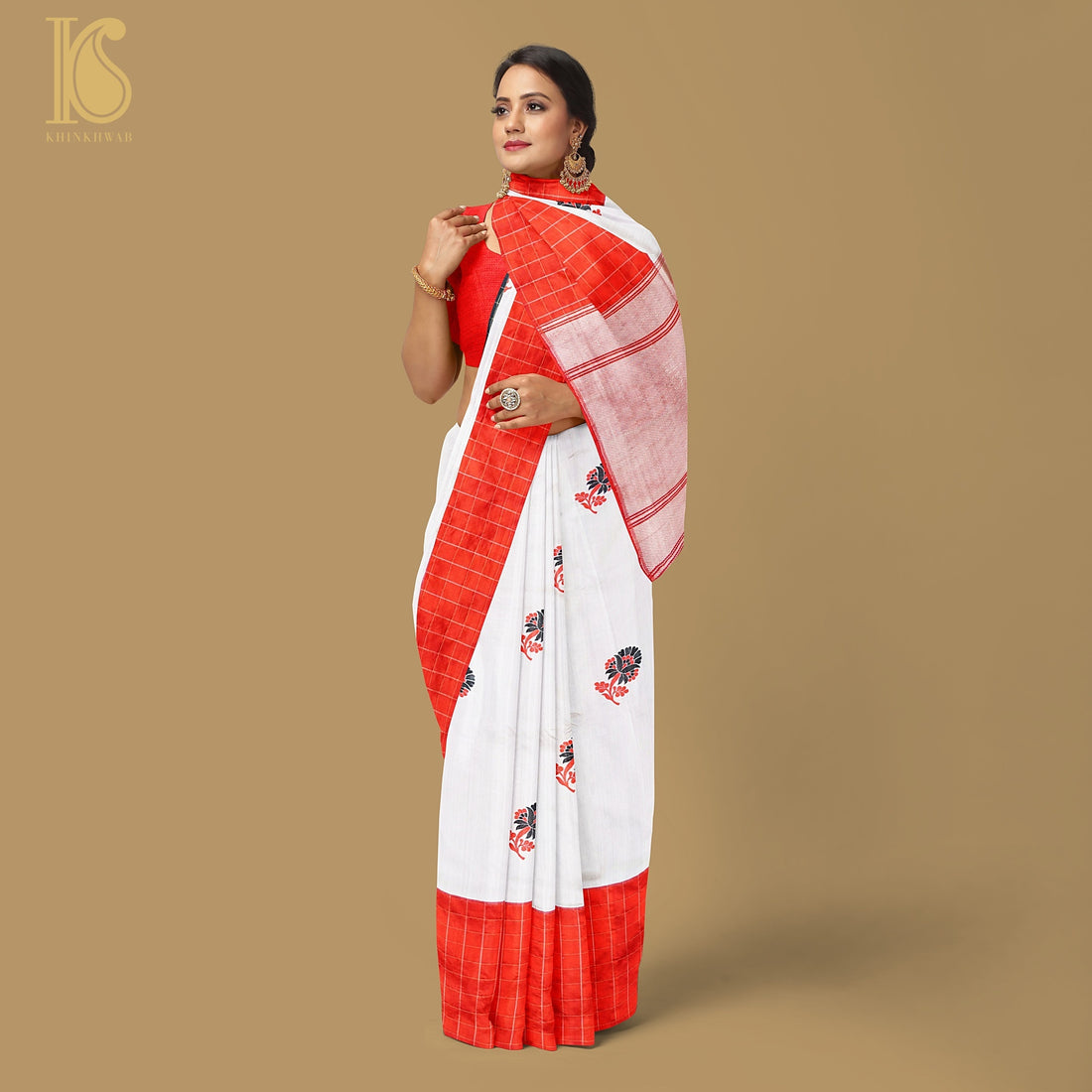 White &amp; Red Pure Katan Silk Handloom Kadwa Banarasi Saree - Khinkhwab