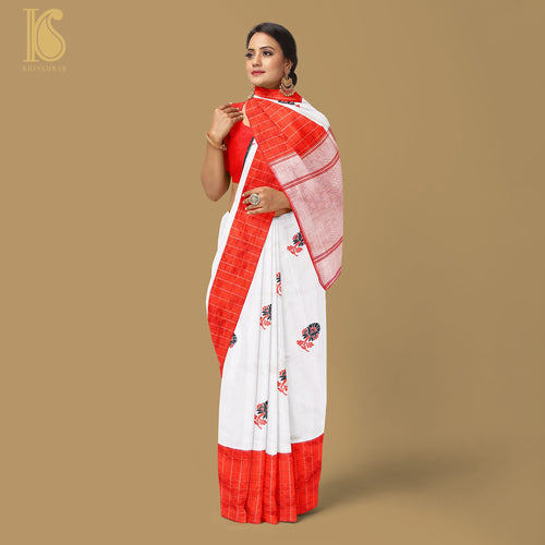 White & Red Pure Katan Silk Handloom Kadwa Banarasi Saree - Khinkhwab