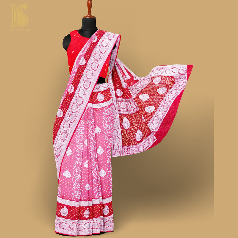 French Rose Pure Georgette Handloom Banarasi Bandhani Saree - Khinkhwab