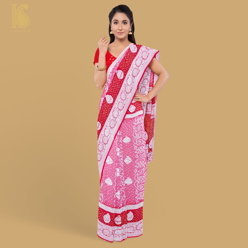 French Rose Pure Georgette Handloom Banarasi Bandhani Saree - Khinkhwab