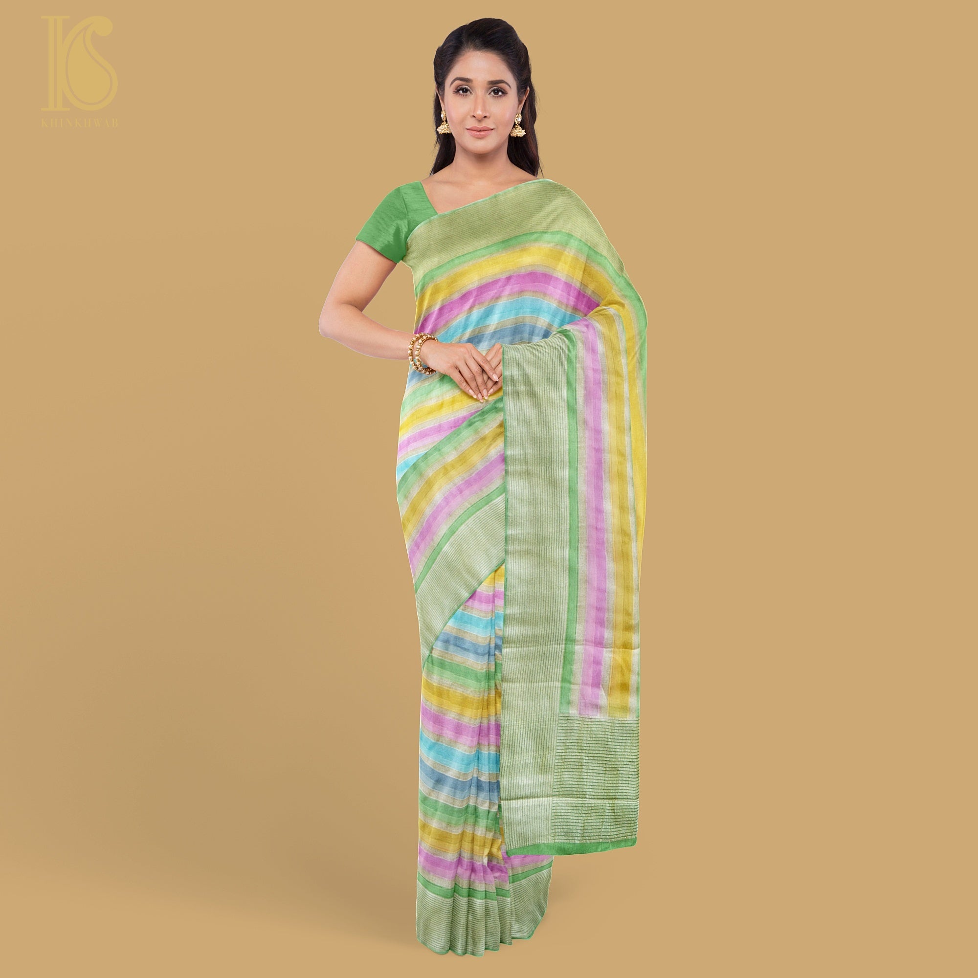 Fern Green Pure Georgette Handloom Stripes Banarasi Saree - Khinkhwab