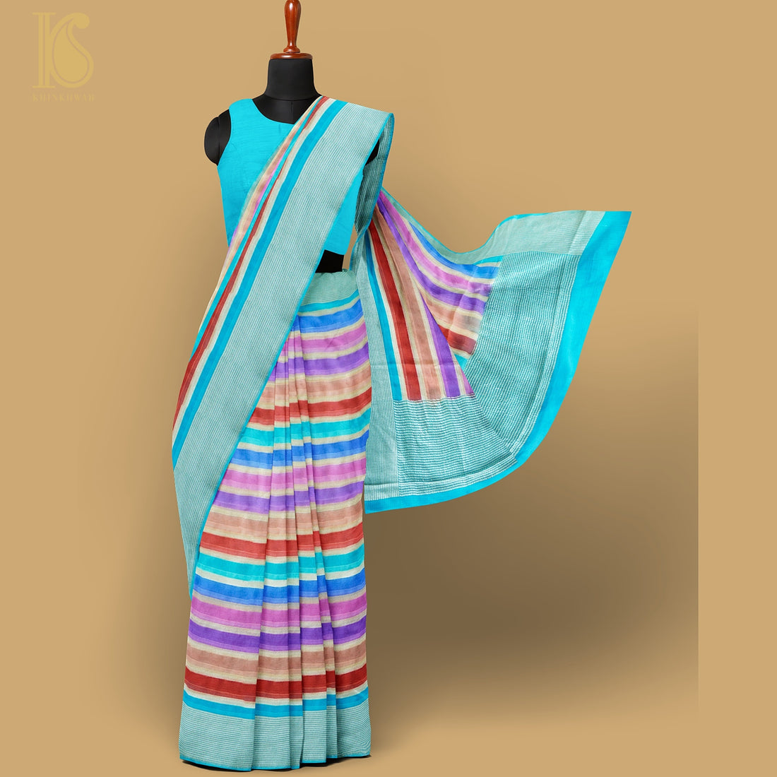 Blue Pure Georgette Handloom Stripes Banarasi Saree - Khinkhwab