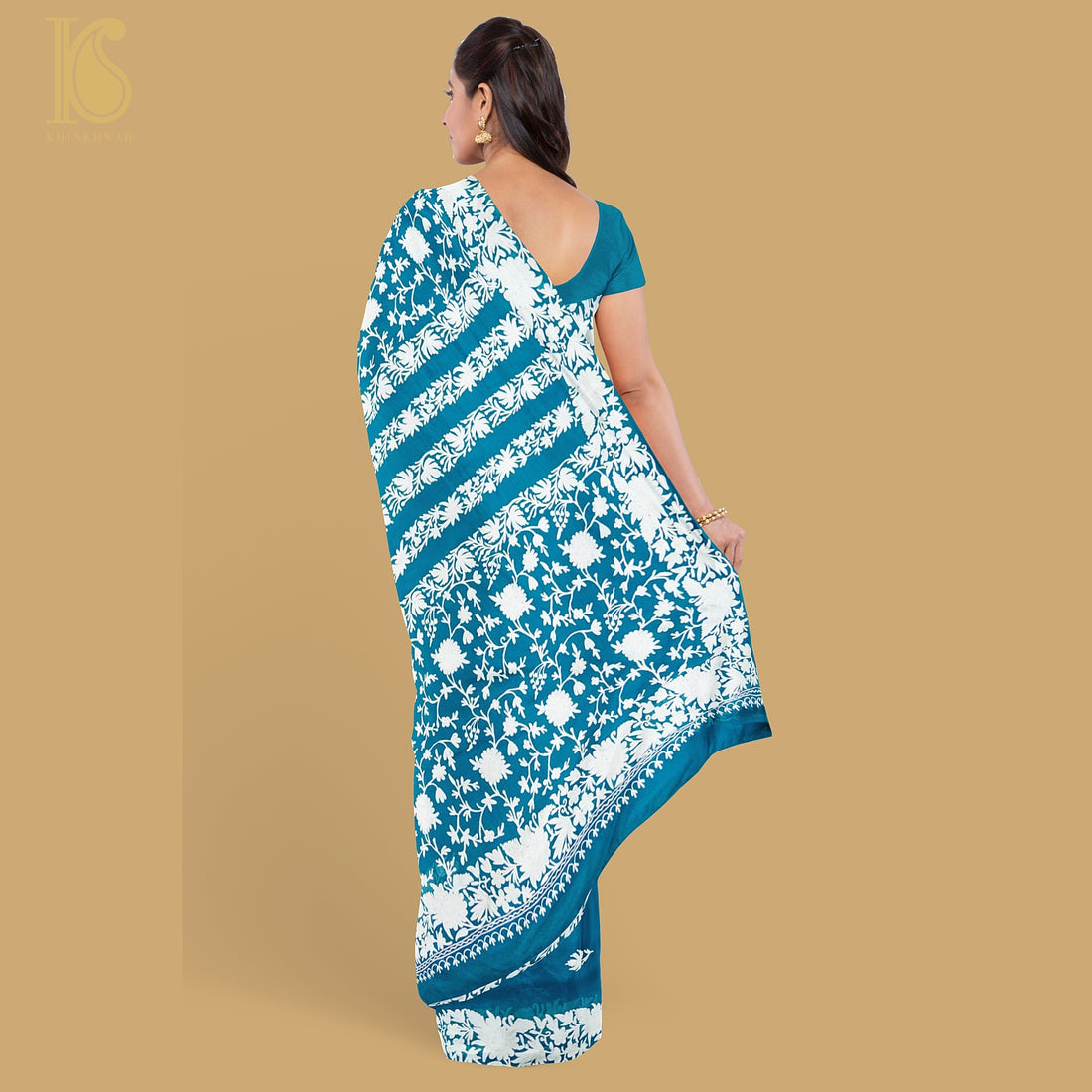 Cerulean Blue Pure Georgette Kashmiri Embroidery Saree - Khinkhwab