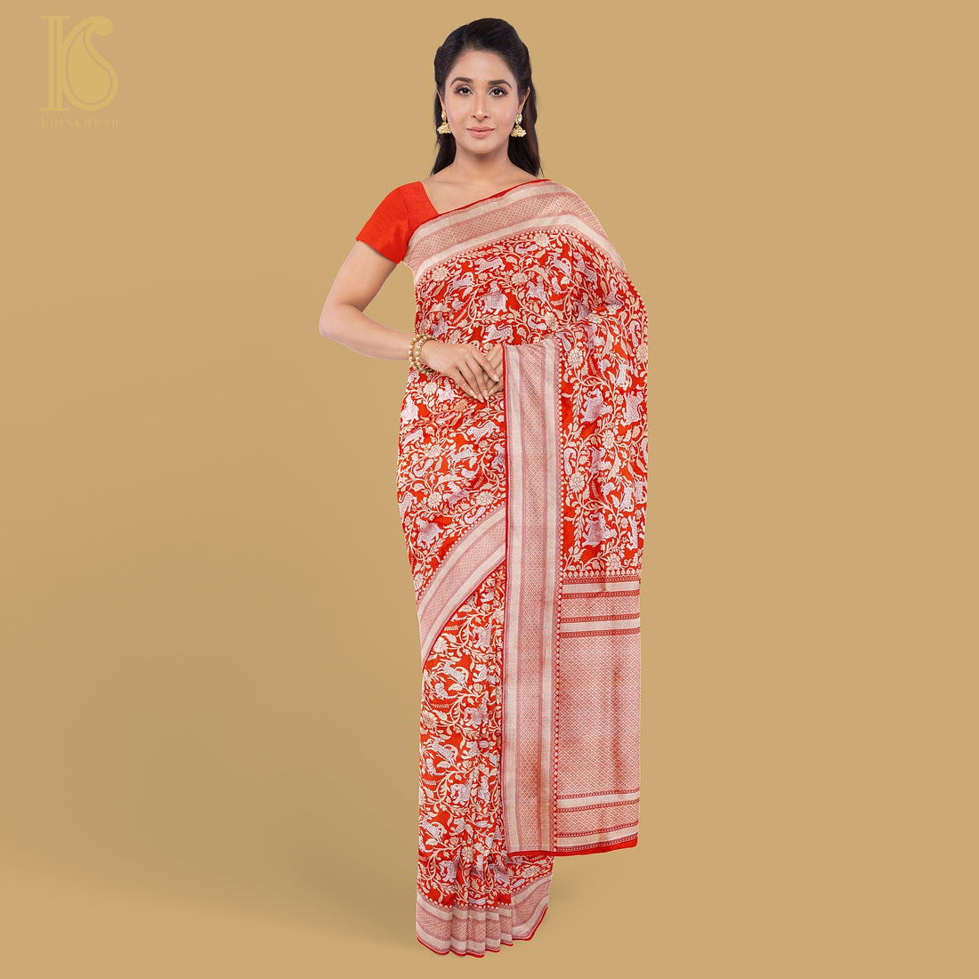 Red Handloom Katan Silk Banarasi Shikargah Kadwa Saree - Khinkhwab