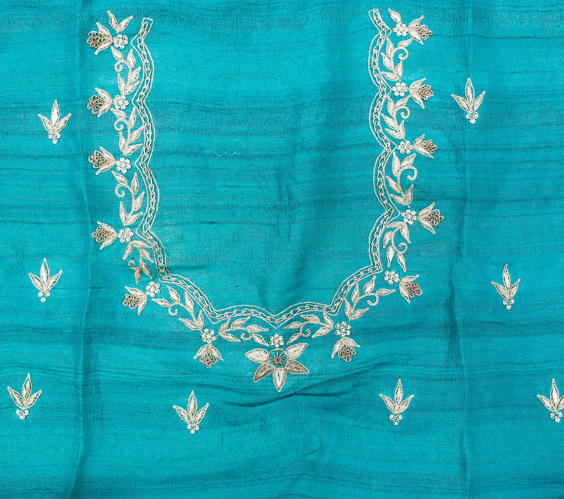 Pacific Blue Handloom Pure Tussar Silk Peacock Zardozi Embroidery Saree - Khinkhwab