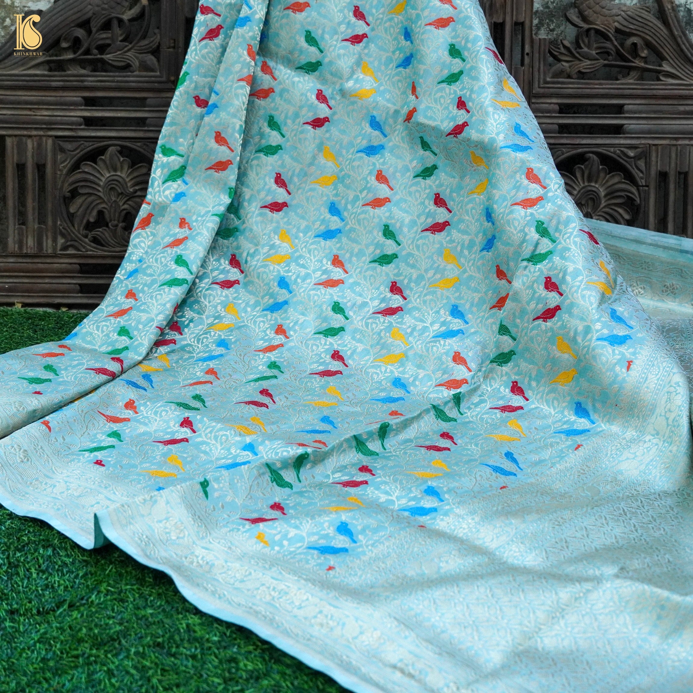 Blue Pure Katan Silk Handwoven Banarasi Jaal Bird Dupatta - Khinkhwab