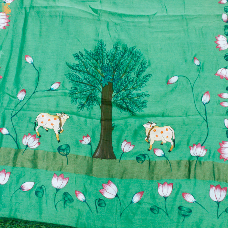 Green & Yellow Pure Cotton Hand Painted Pichwai Banarasi Saree - Khinkhwab