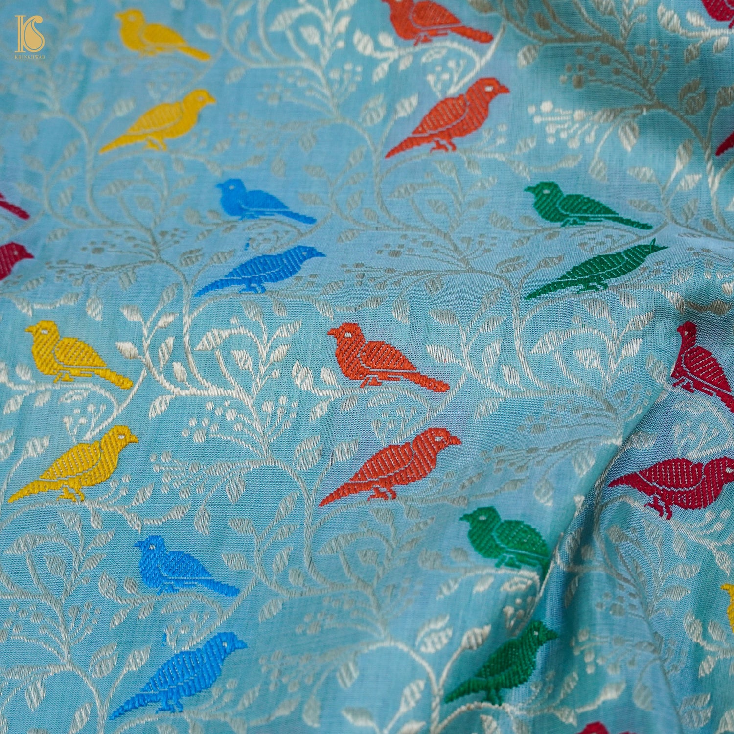 Blue Pure Katan Silk Handwoven Banarasi Jaal Bird Dupatta - Khinkhwab