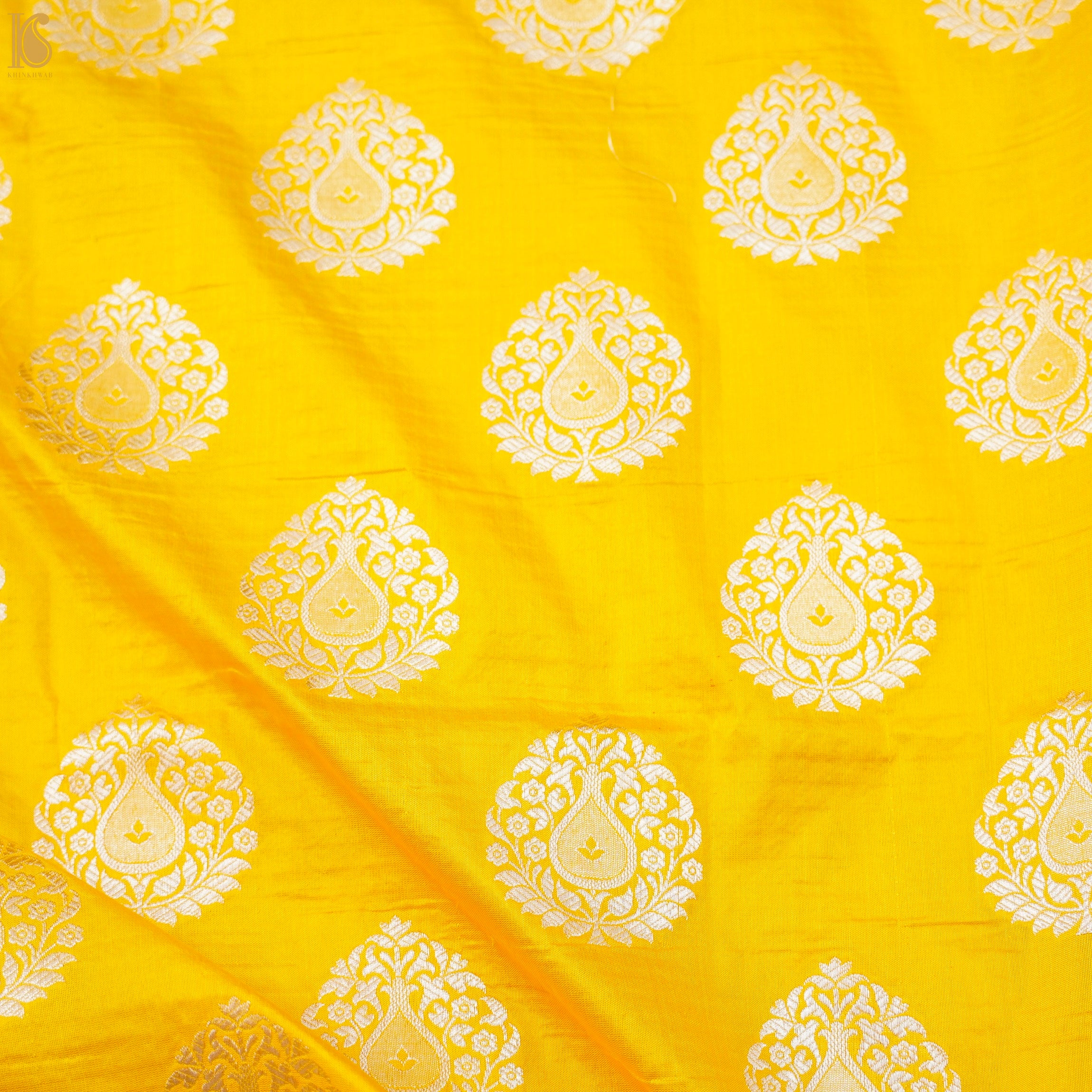 Yellow Pure Katan Silk Banarasi Fabric with Border - Khinkhwab