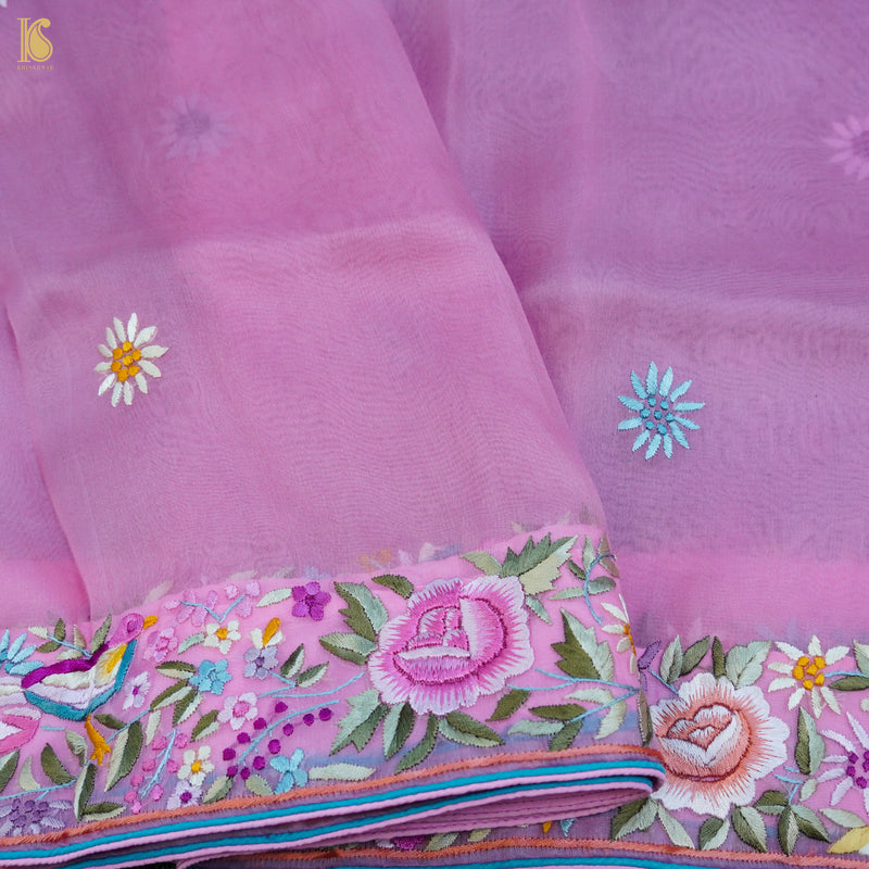 Pink Handcrafted Parsi Gara Pure Organza Saree - Khinkhwab