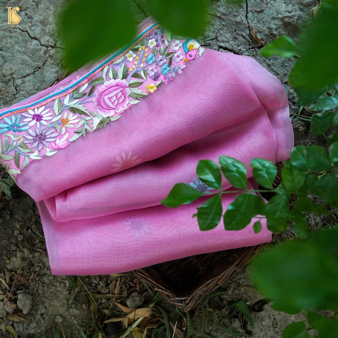 Pink Handcrafted Parsi Gara Pure Organza Saree - Khinkhwab