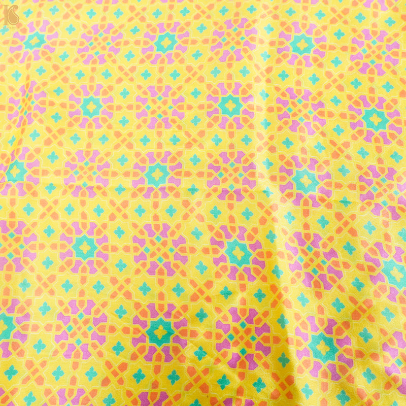 NİLÜFER - Yellow & Pink Pure Sateen Silk Print Fabric - Khinkhwab
