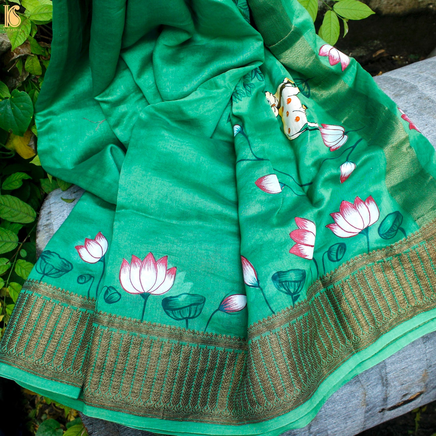 Green &amp; Yellow Pure Cotton Hand Painted Pichwai Banarasi Saree - Khinkhwab