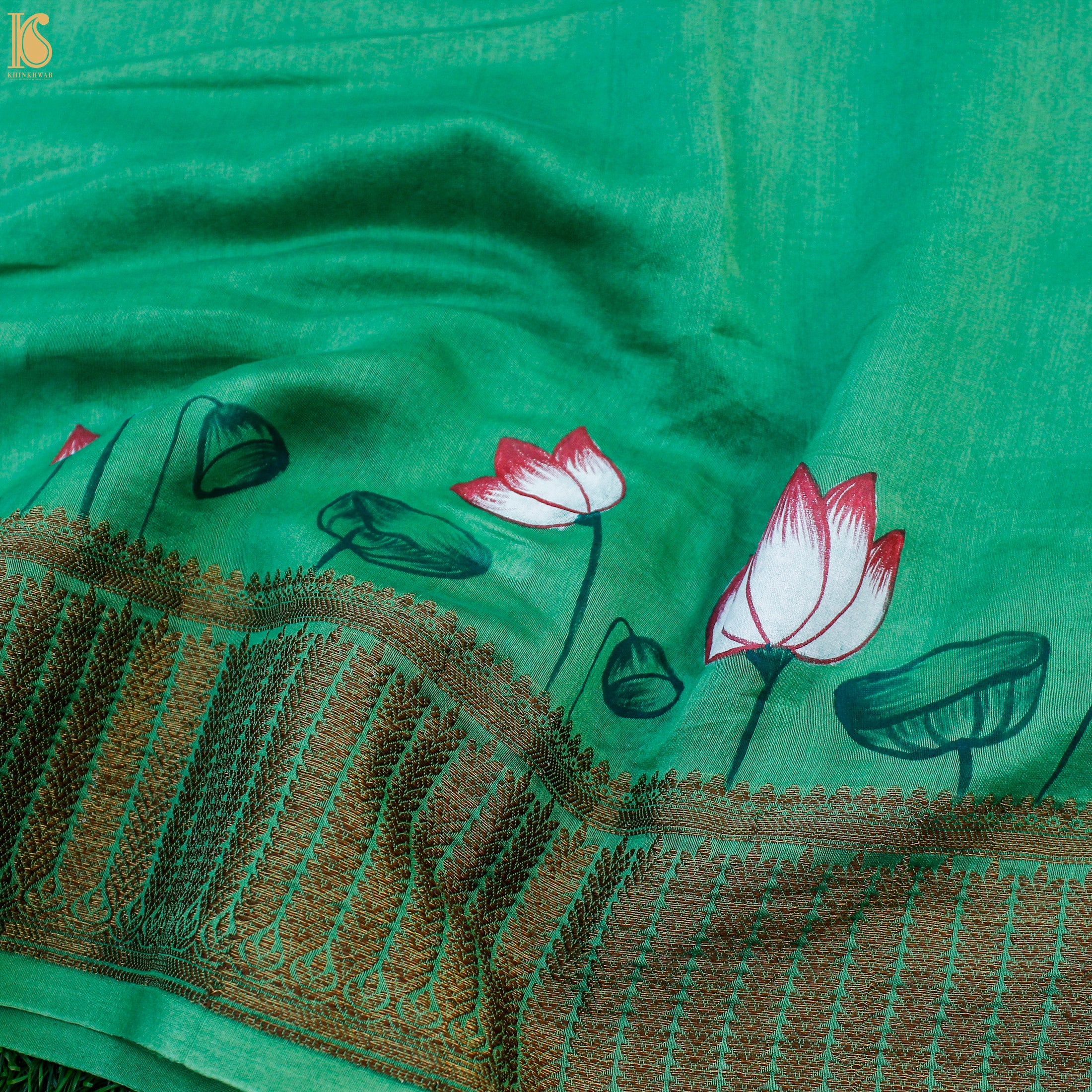 Green &amp; Yellow Pure Cotton Hand Painted Pichwai Banarasi Saree - Khinkhwab