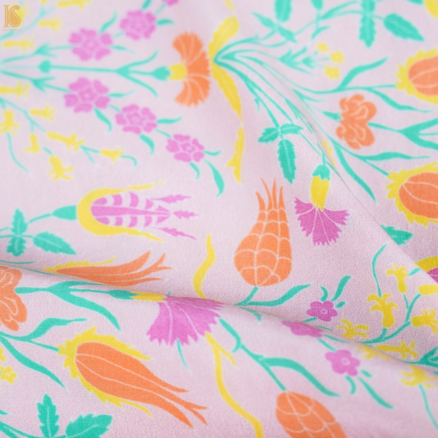 Lale- Pink Pure Sateen Silk Print Fabric - Khinkhwab