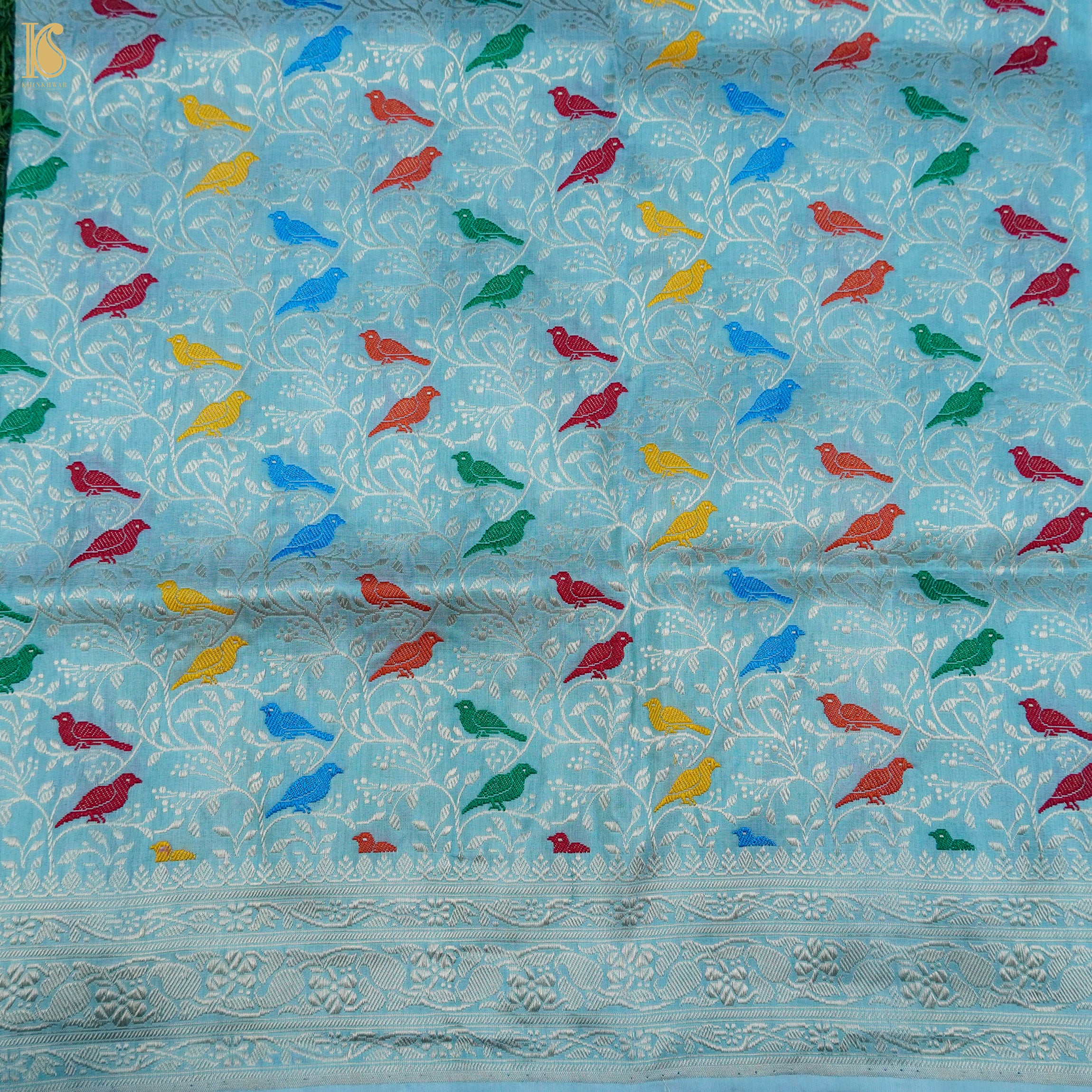 Blue Pure Katan Silk Banarasi Birds Fabric - Khinkhwab