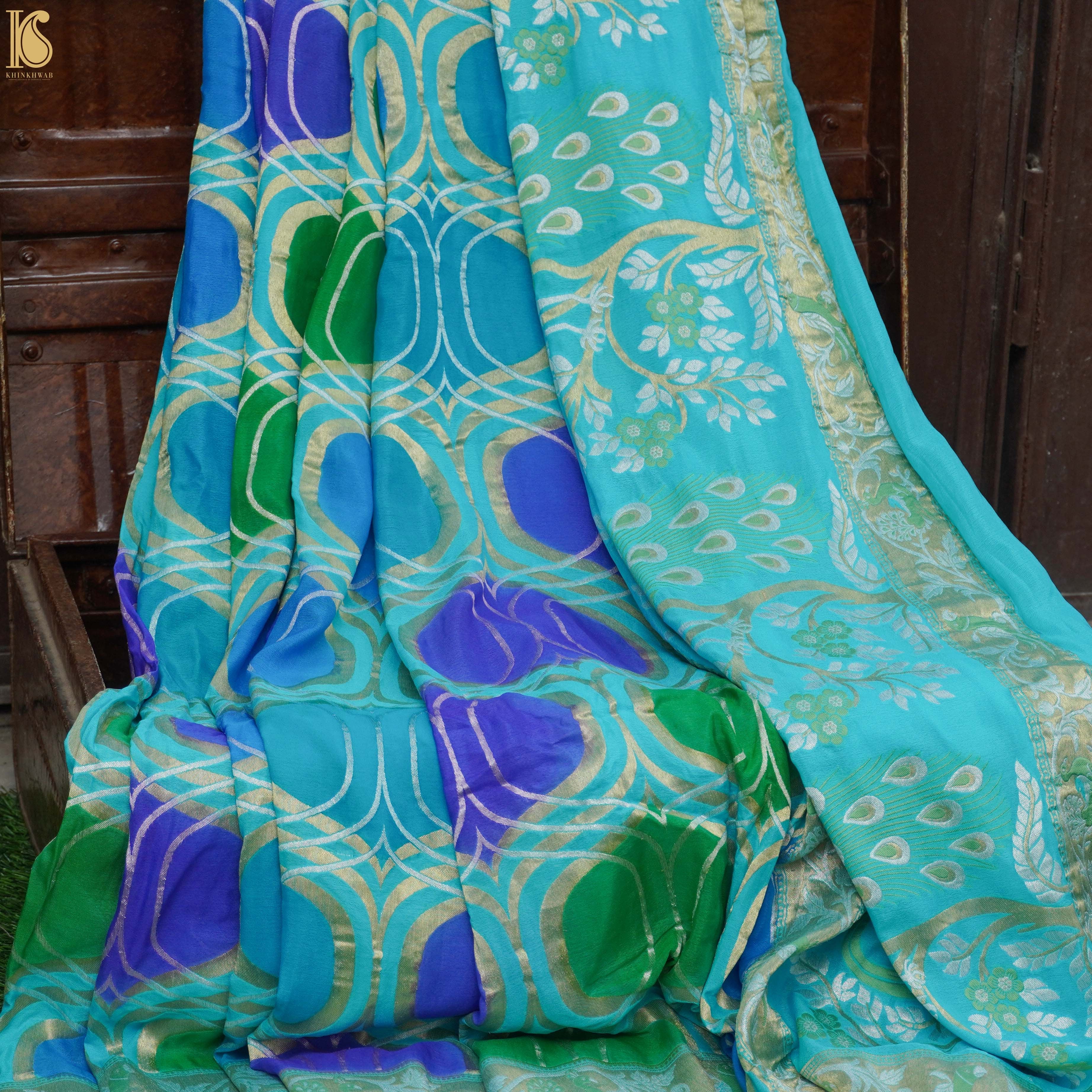 Blue Handwoven Pure Georgette Banarasi Peacock Border Saree - Khinkhwab