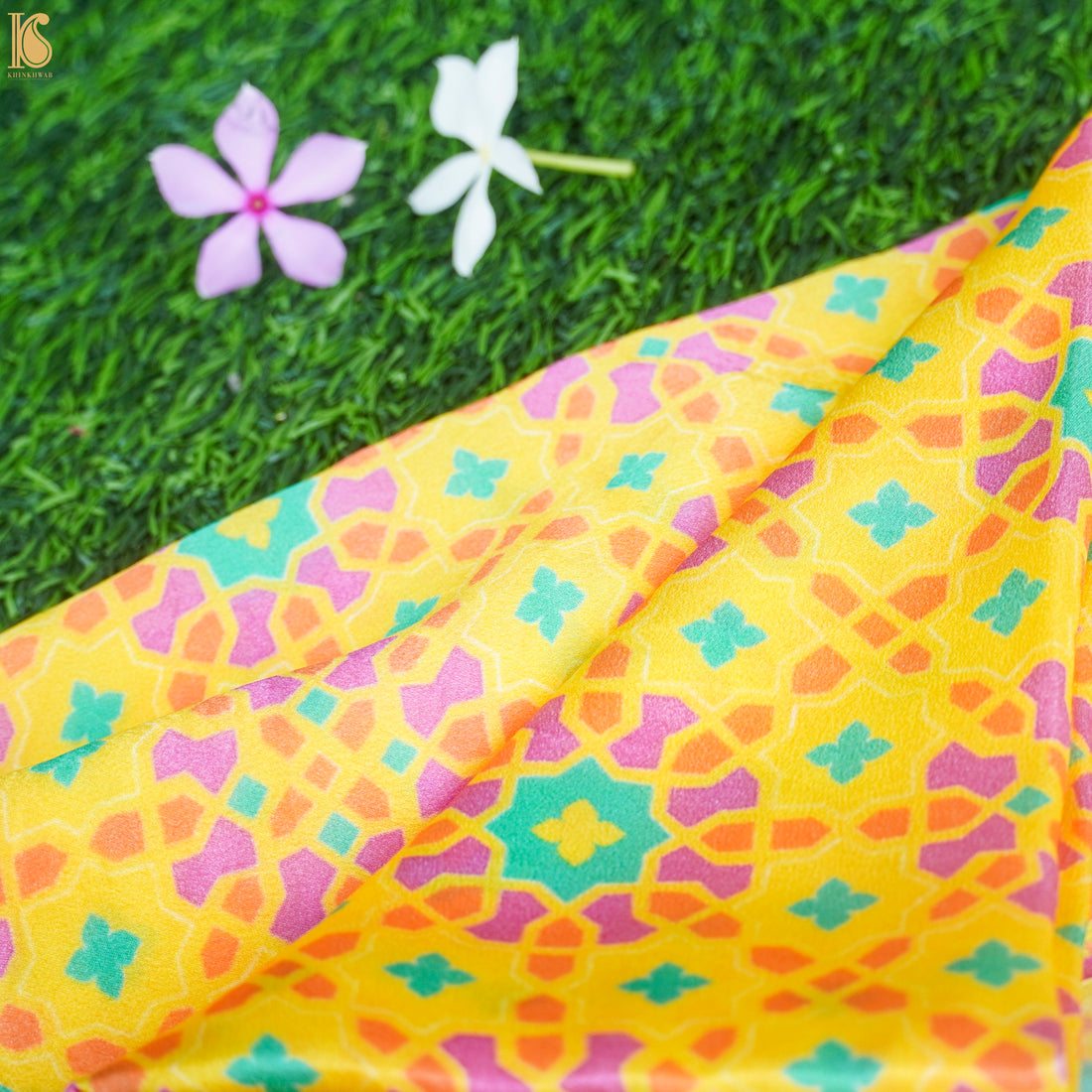 NİLÜFER - Yellow &amp; Pink Pure Sateen Silk Print Fabric - Khinkhwab