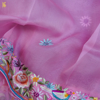 Pink Handcrafted Parsi Gara Pure Organza Saree - Khinkhwab