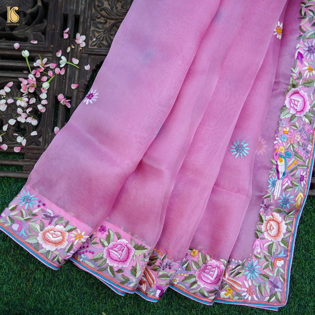 Pink Handcrafted Parsi Gara Pure Organza Saree - Khinkhwab