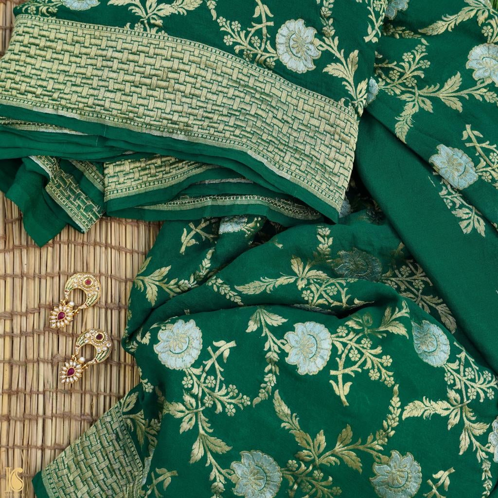 Bottle Green Pure Georgette Handloom Banarasi Jaal Saree - Khinkhwab