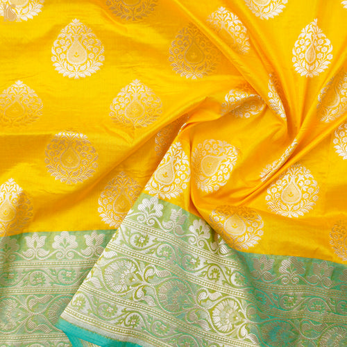 Yellow Pure Katan Silk Banarasi Fabric with Border - Khinkhwab