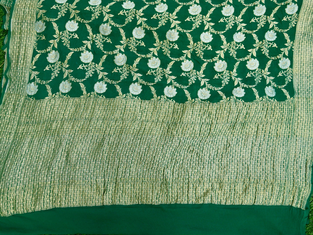 Bottle Green Pure Georgette Handloom Banarasi Jaal Saree - Khinkhwab