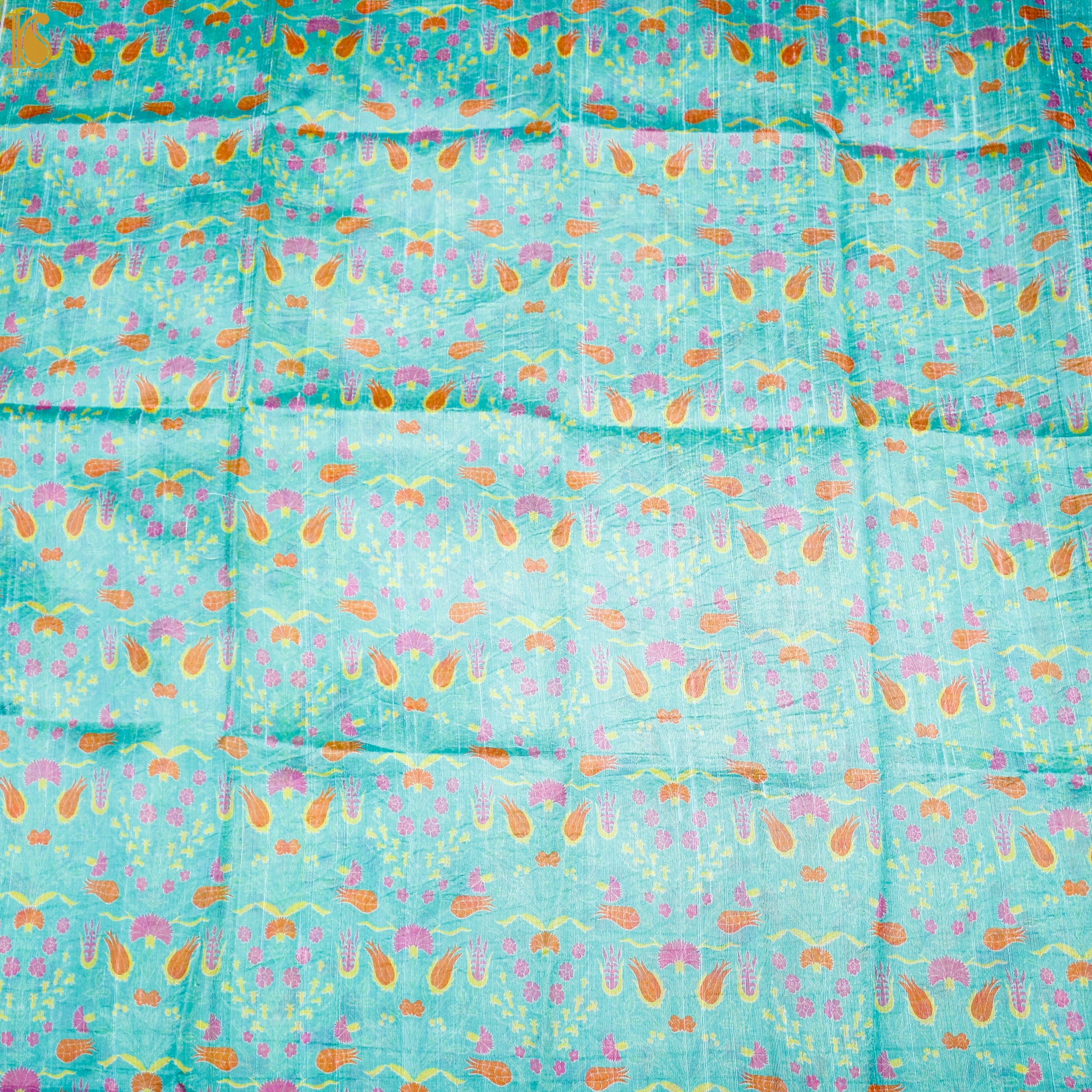 Lale- Turquoise Pure Raw Silk Print Fabric - Khinkhwab